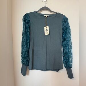Easel Teal Top with Floral Sleeves